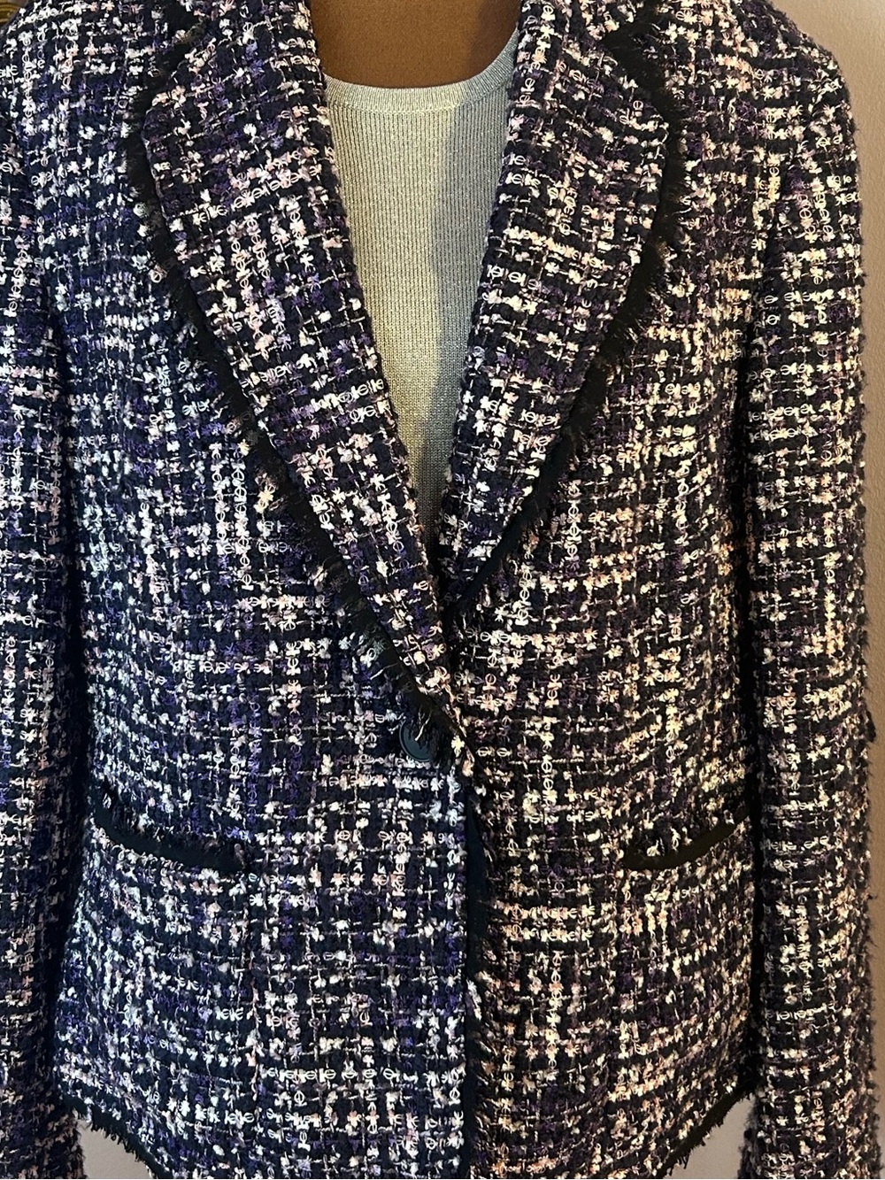 Anne Klein Navy, Purple& Ivory Tweed Blazer with Black Trim